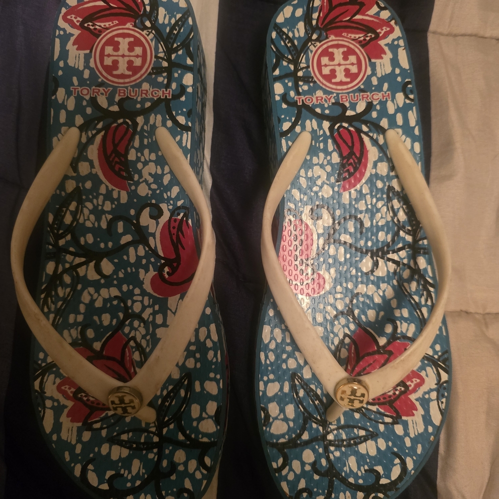 Tory Burch Blue and White Flip Flops